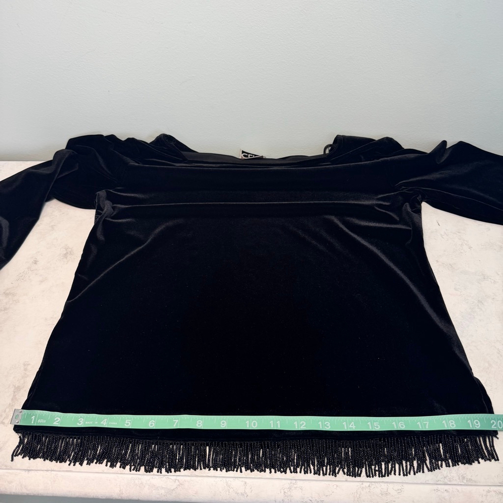 Vintage Clio Black Velvet Beaded Fringe Blouse Top M Square Neck - Picture 9 of 10